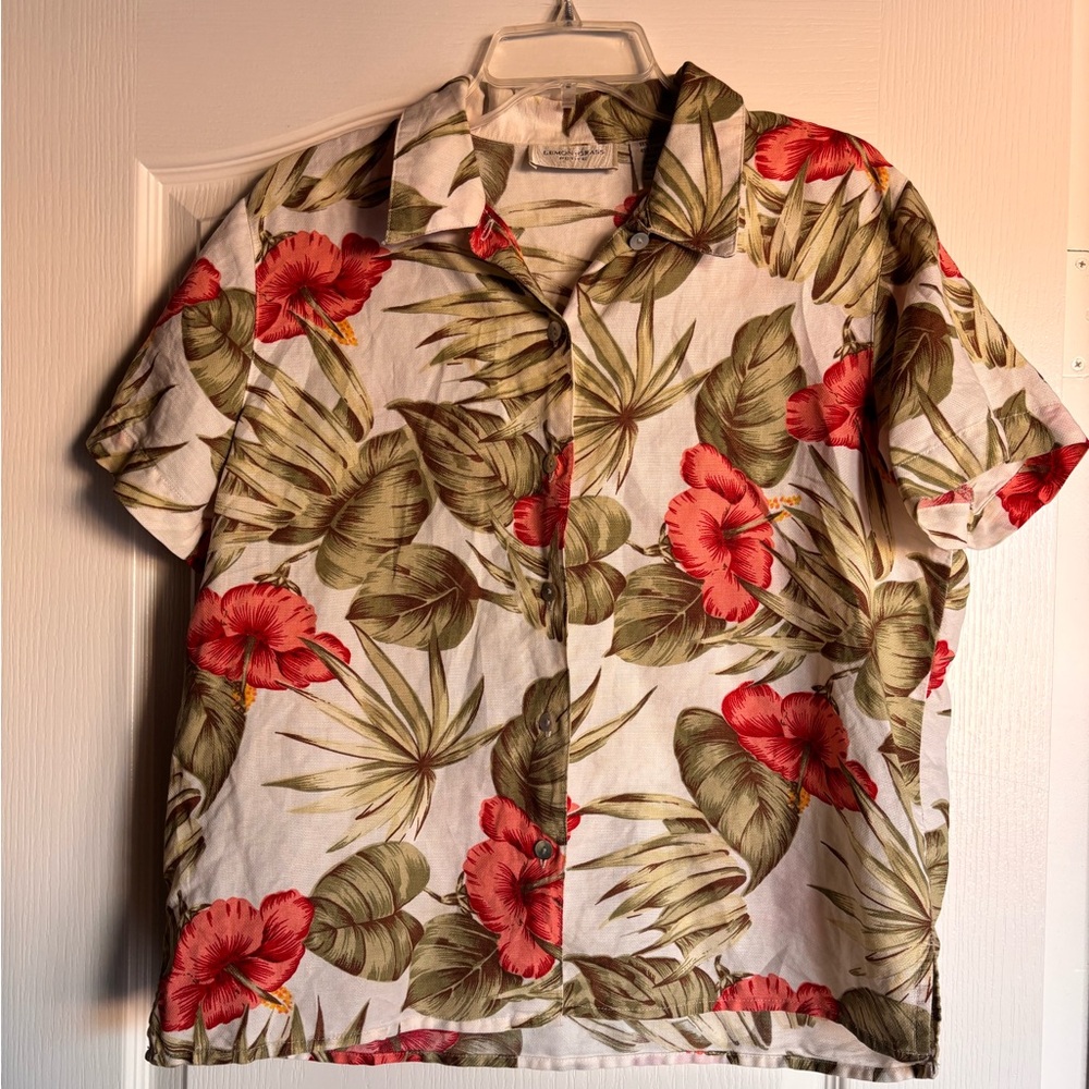 Lemongrass linen blend button-down floral Hawaiian shirt women’s petite large
